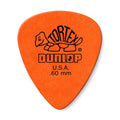 Orange Dunlop Tortex guitar pick, U.S.A., 0.60 mm, with branding logo text.