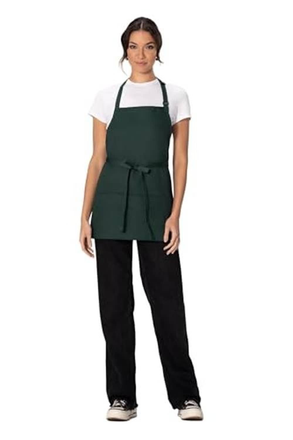 Hunter green three-pocket apron worn over dark pants, front view