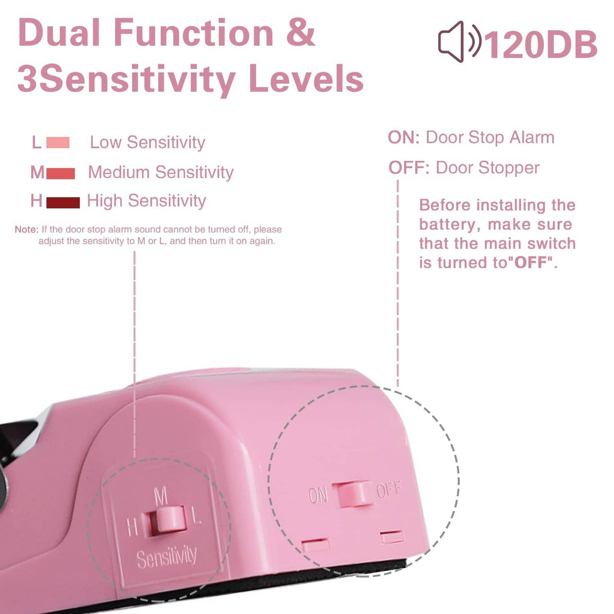 Pink door stop alarm showing sensitivity switch positions on the side