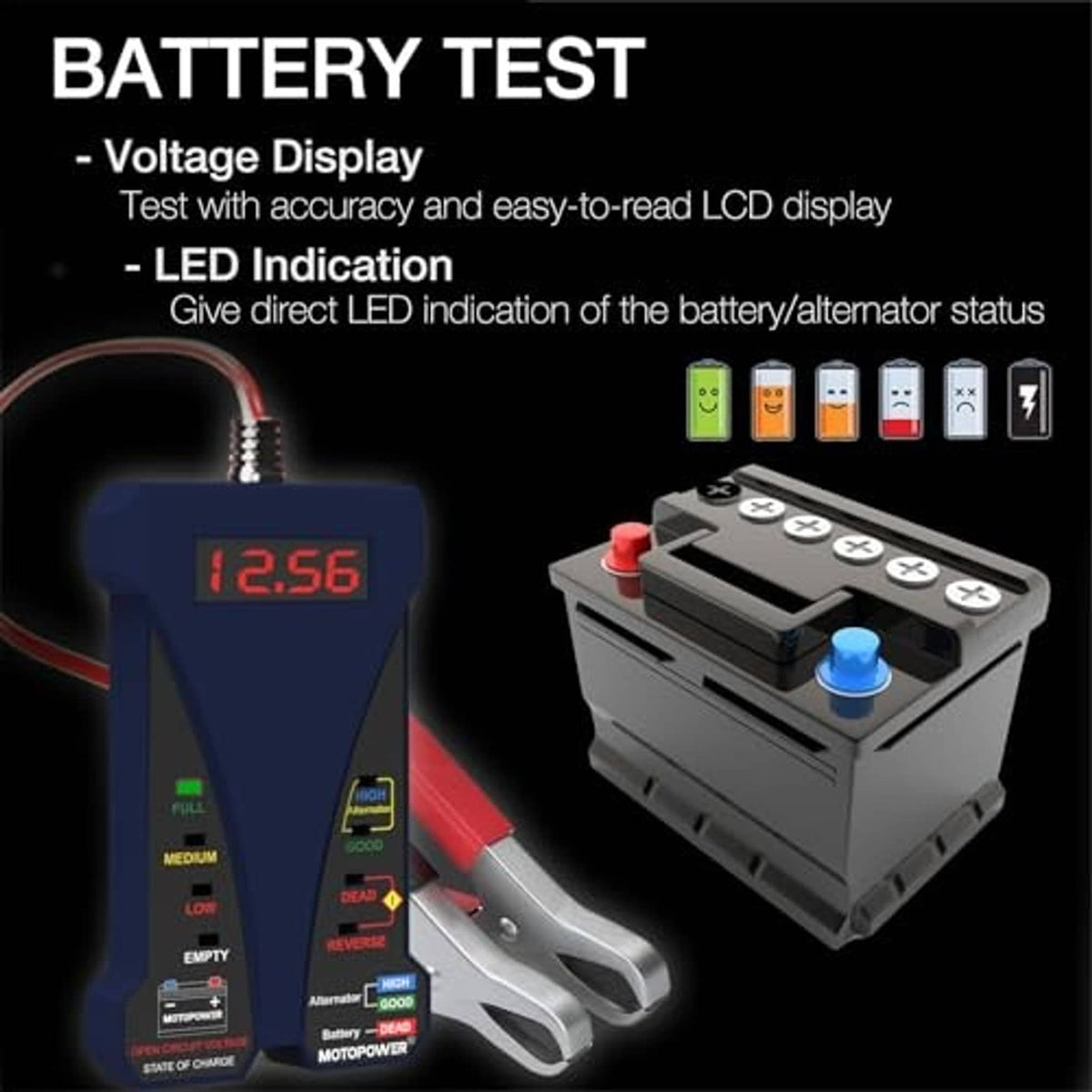 12V battery tester with illuminated red voltmeter display and red/black battery clamps