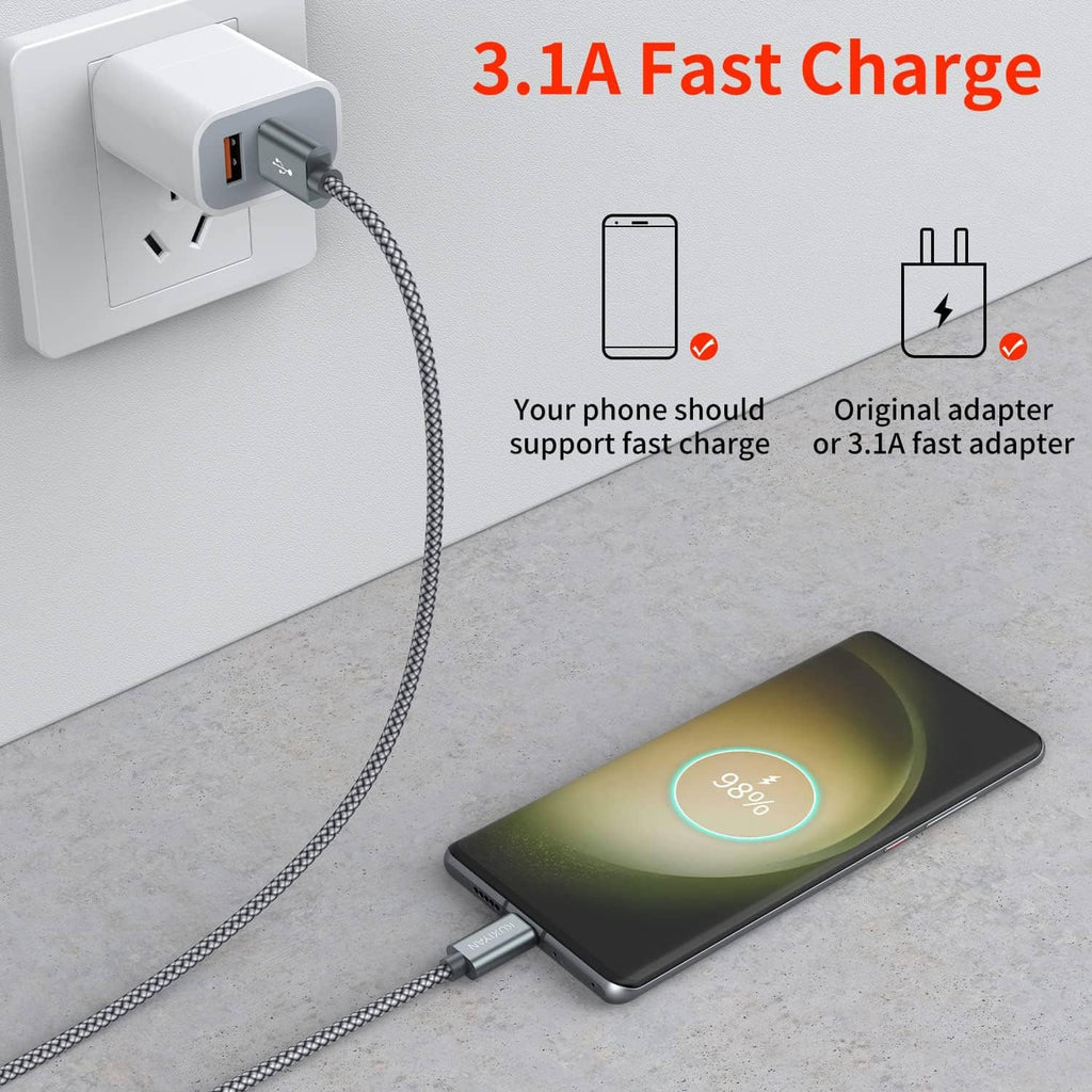 Nylon braided USB-C charging cable with USB-C plug connected to a phone