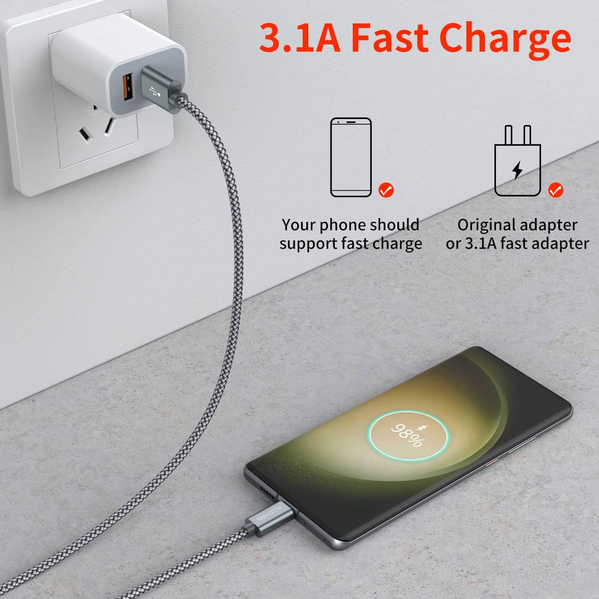 Nylon braided USB-C charging cable with USB-C plug connected to a phone