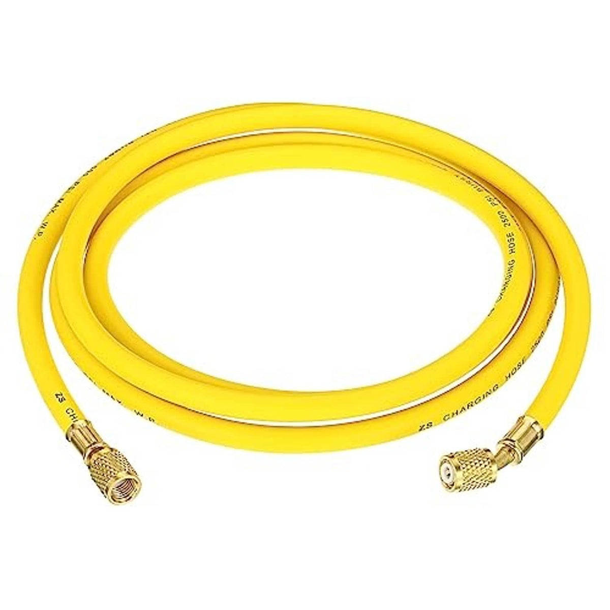 Yellow refrigerant charging hose with brass 1/4 SAE ends, coiled loop