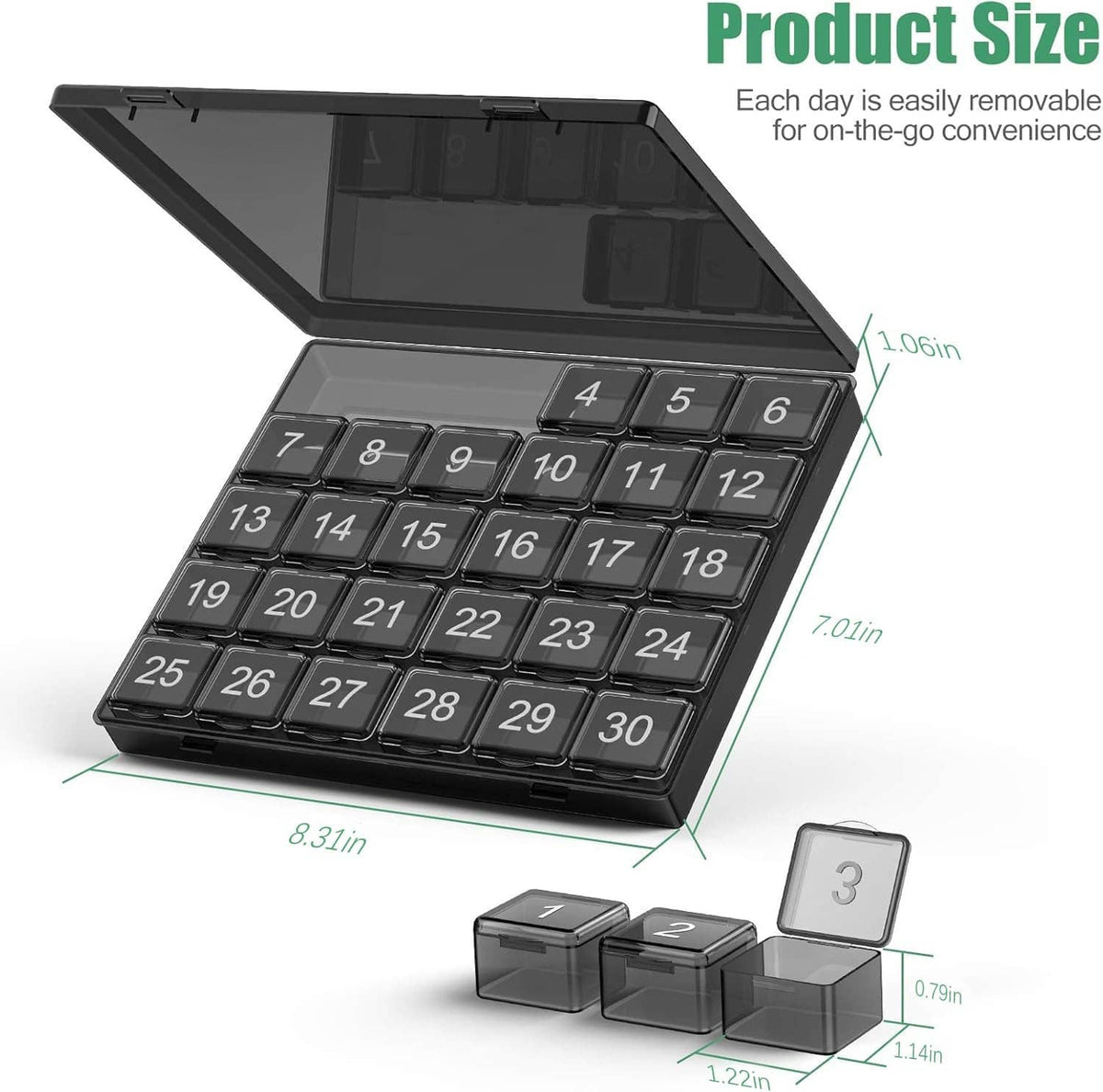 Monthly pill organizer case with product size diagram and numbered 1–30 grid