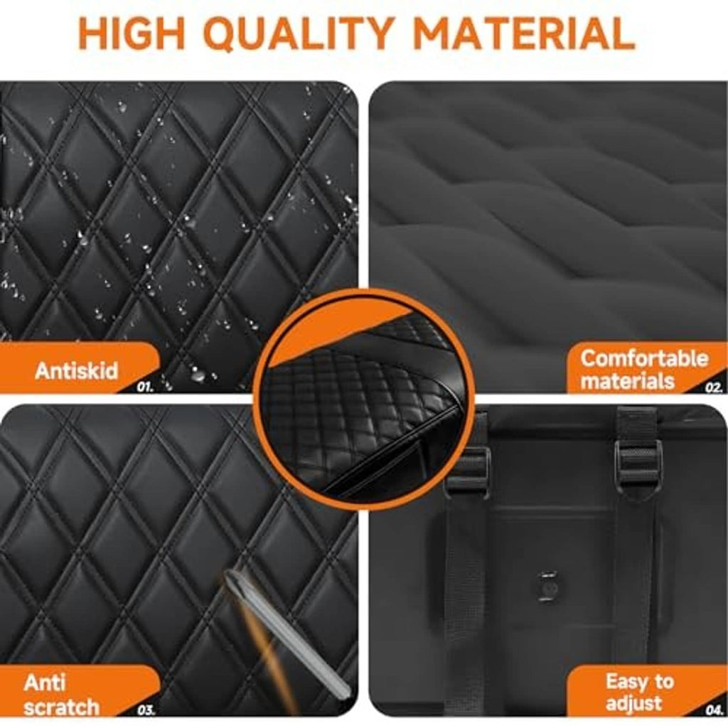 Black quilted seat cover material close-up with diamond pattern and smooth padding