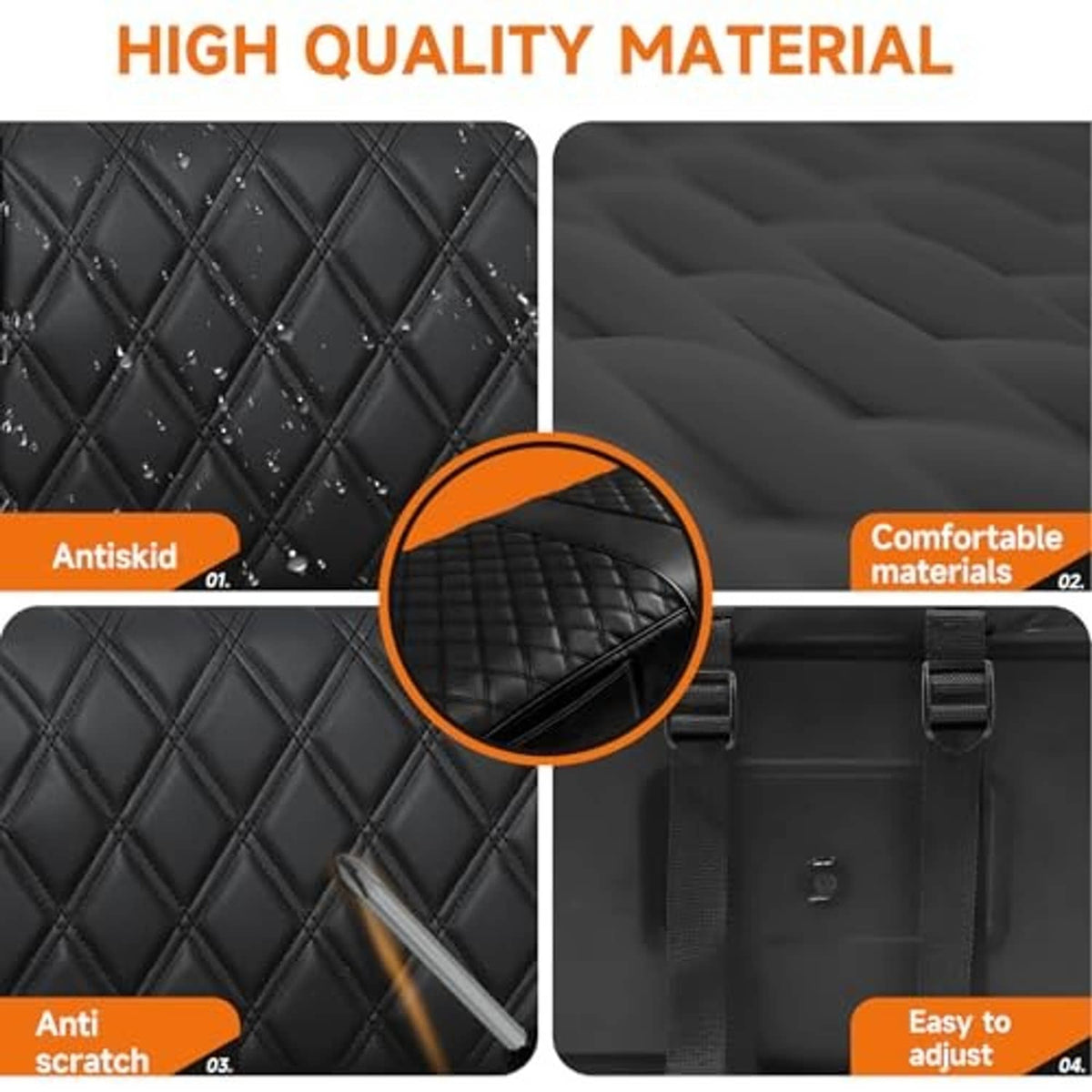 Black quilted seat cover material close-up with diamond pattern and smooth padding