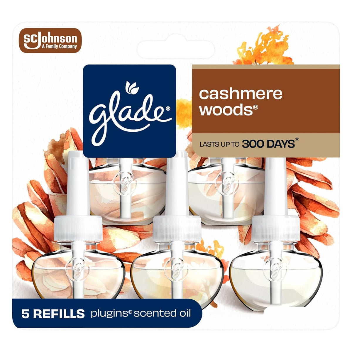 Glade Cashmere Woods scented oil refills, five plug-in bottles on retail pack