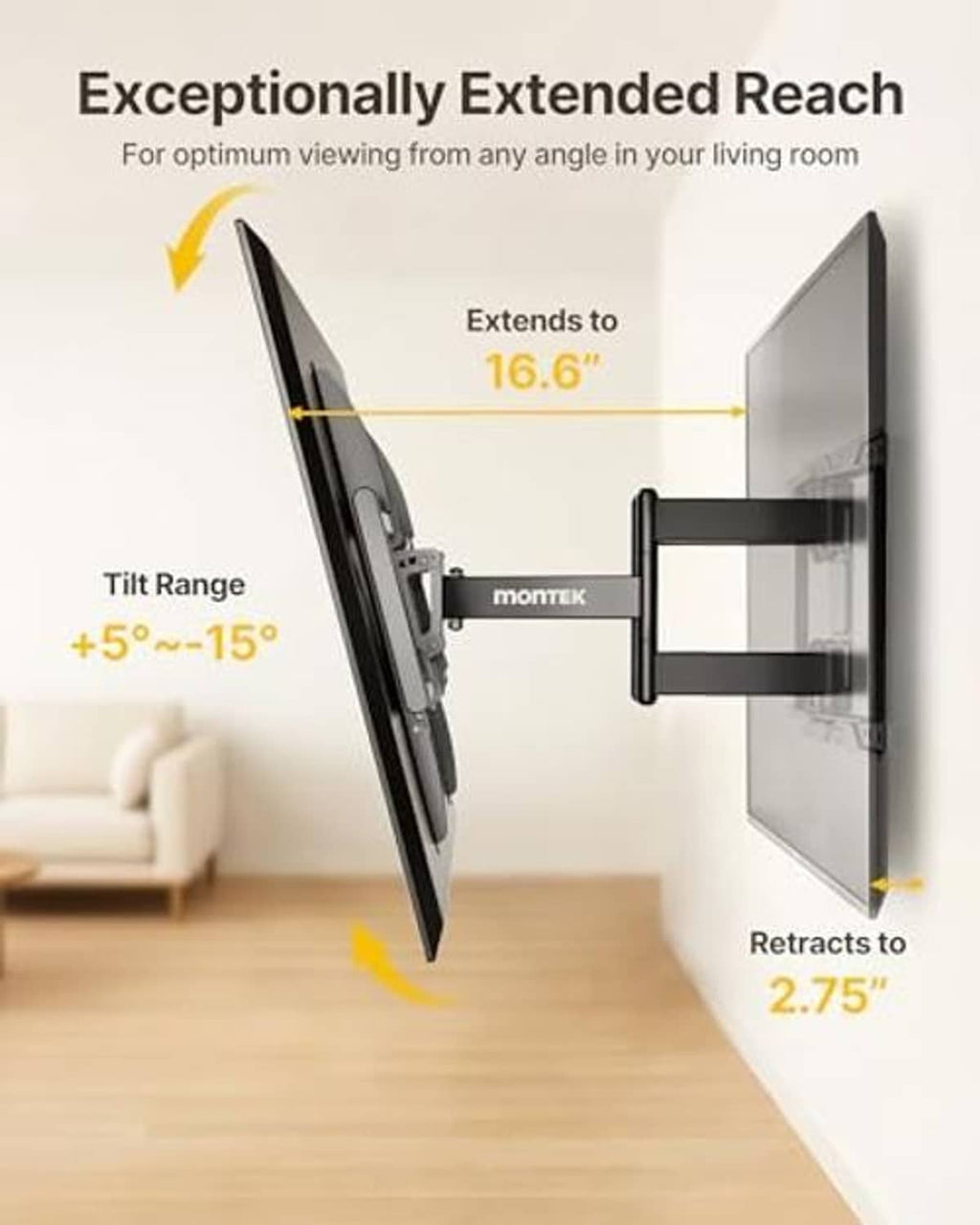 TV wall mount reach and tilt diagram showing extended viewing position and retraction