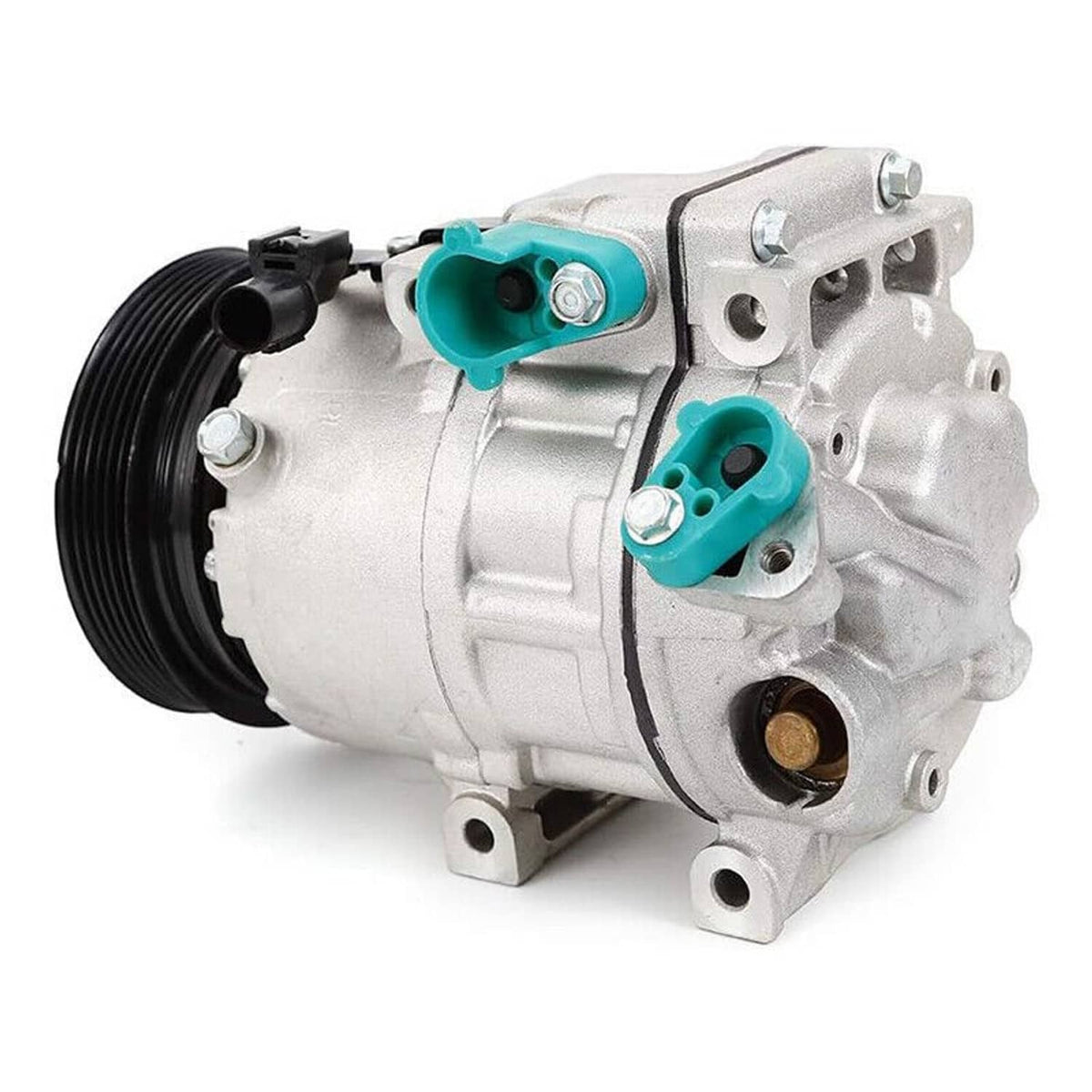 A/C compressor with clutch, silver compressor with black pulley and teal high-pressure port