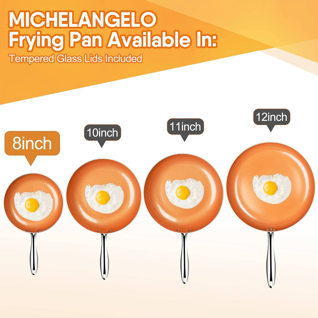 Michelangelo 8 inch frying pan size chart with tempered glass lid, orange nonstick pan