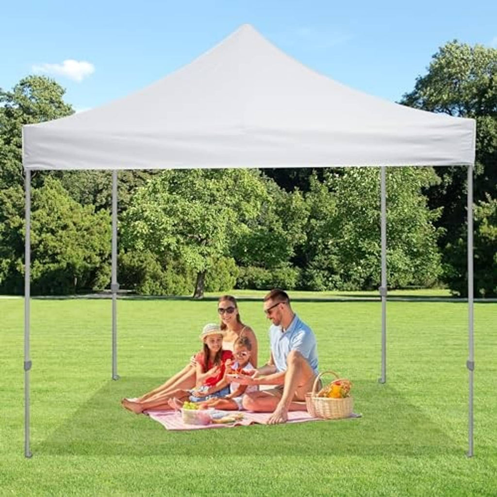 White peaked pop-up tent canopy replacement top with people relaxing on grass