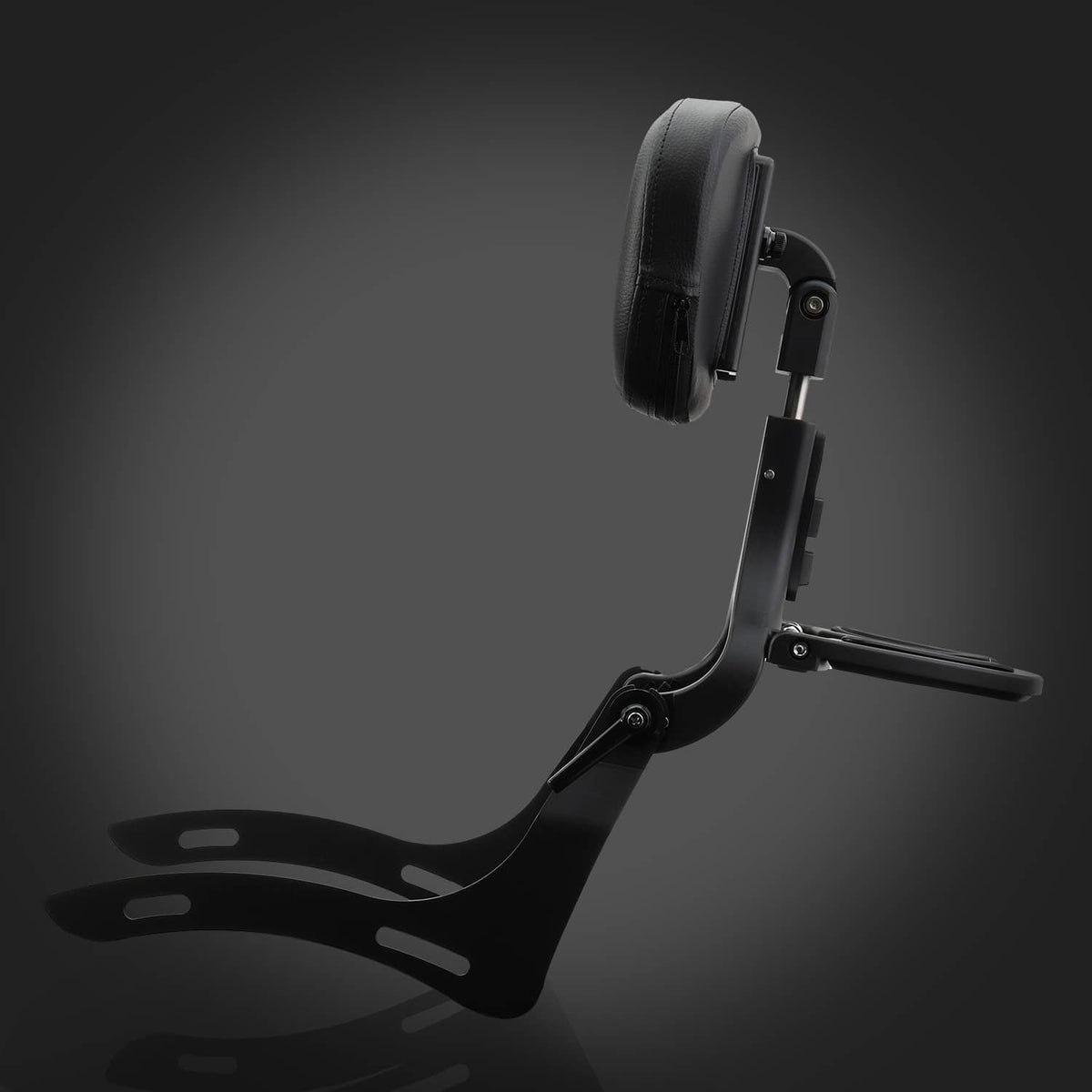 Black cushioned backrest with tall sissy bar and rear rack support arms