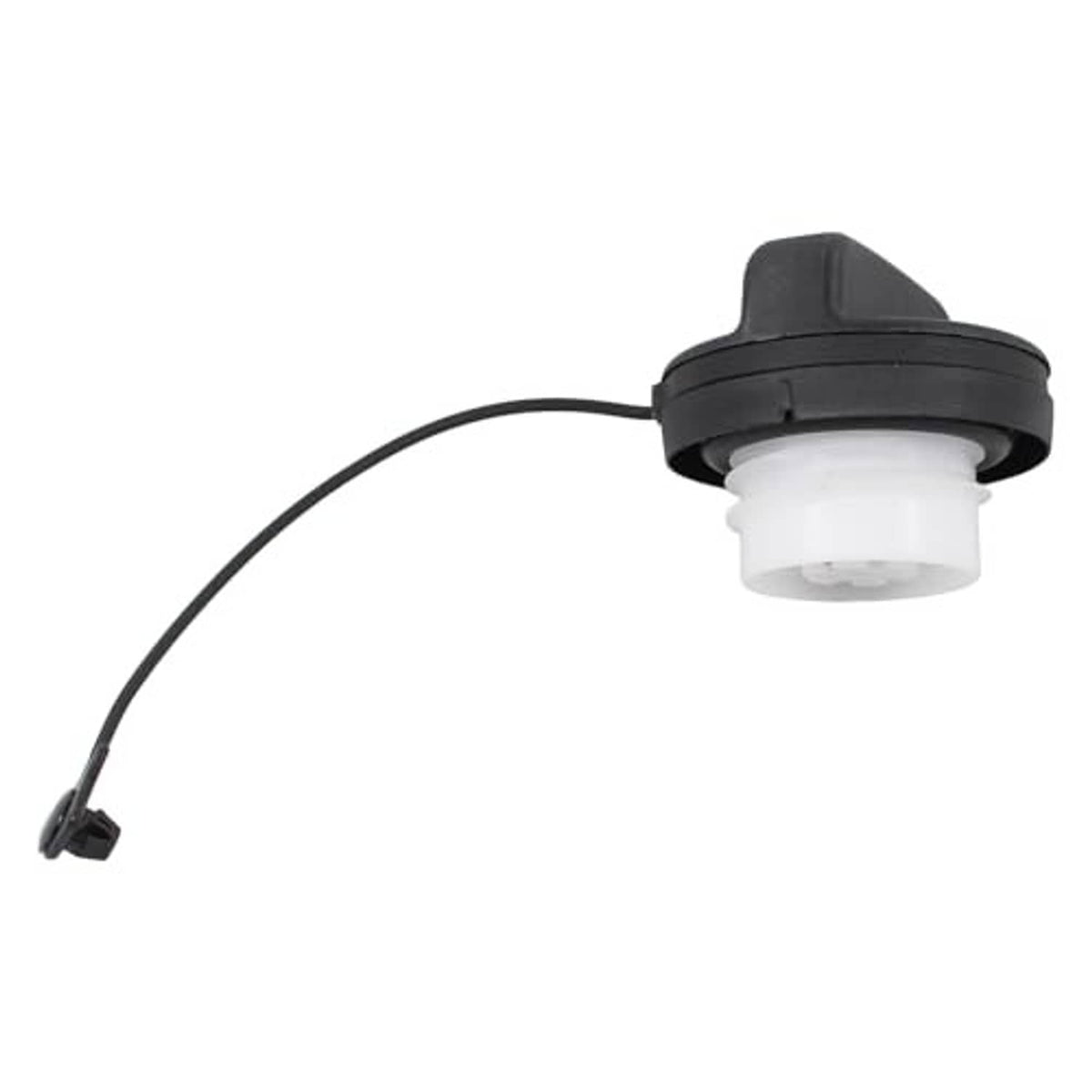 Fuel tank filler cap with black outer cover, white center, and tether line