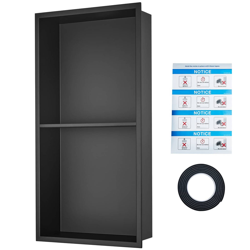 Black stainless steel shower niche insert with double shelves and installation accessories