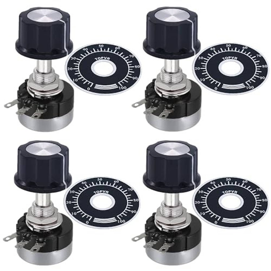 Rotary potentiometer set with black knobs, metal mounting bases, and round dial scales