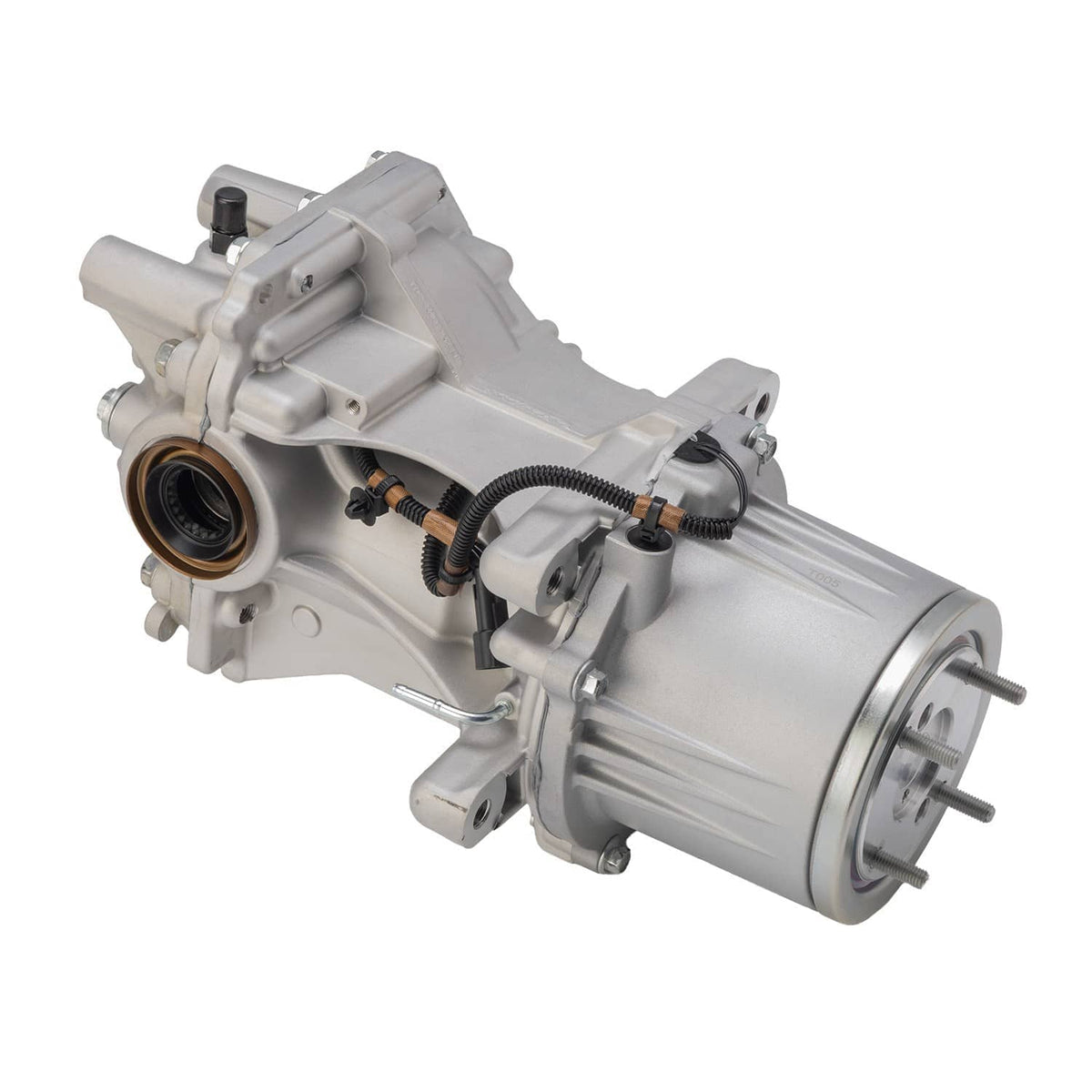 Rear axle differential assembly, side view with vented housing and cable harness