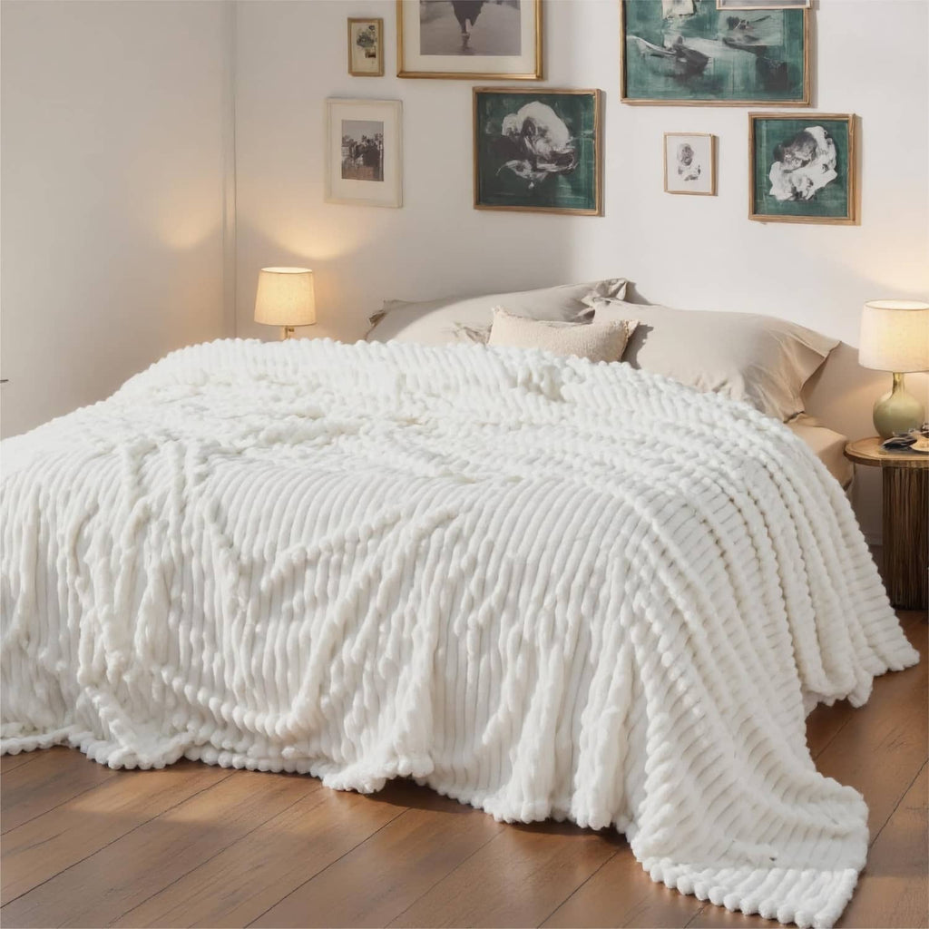 Off-white chunky fleece blanket covering a bed with layered ribbed waves