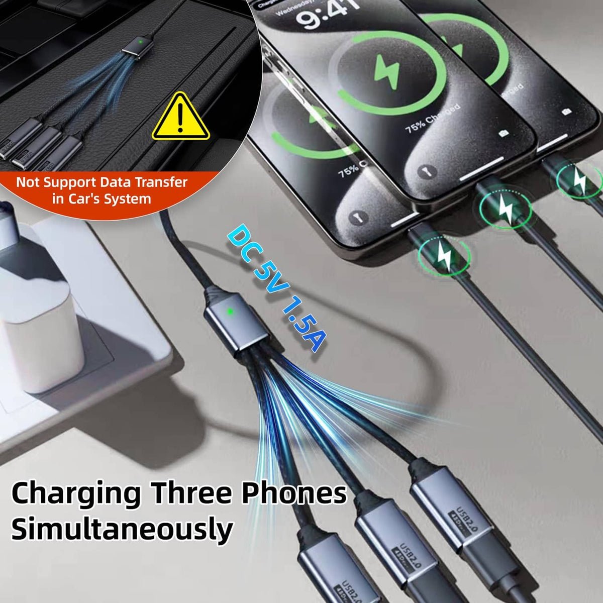 USB-C splitter with three output leads for charging multiple phones simultaneously.