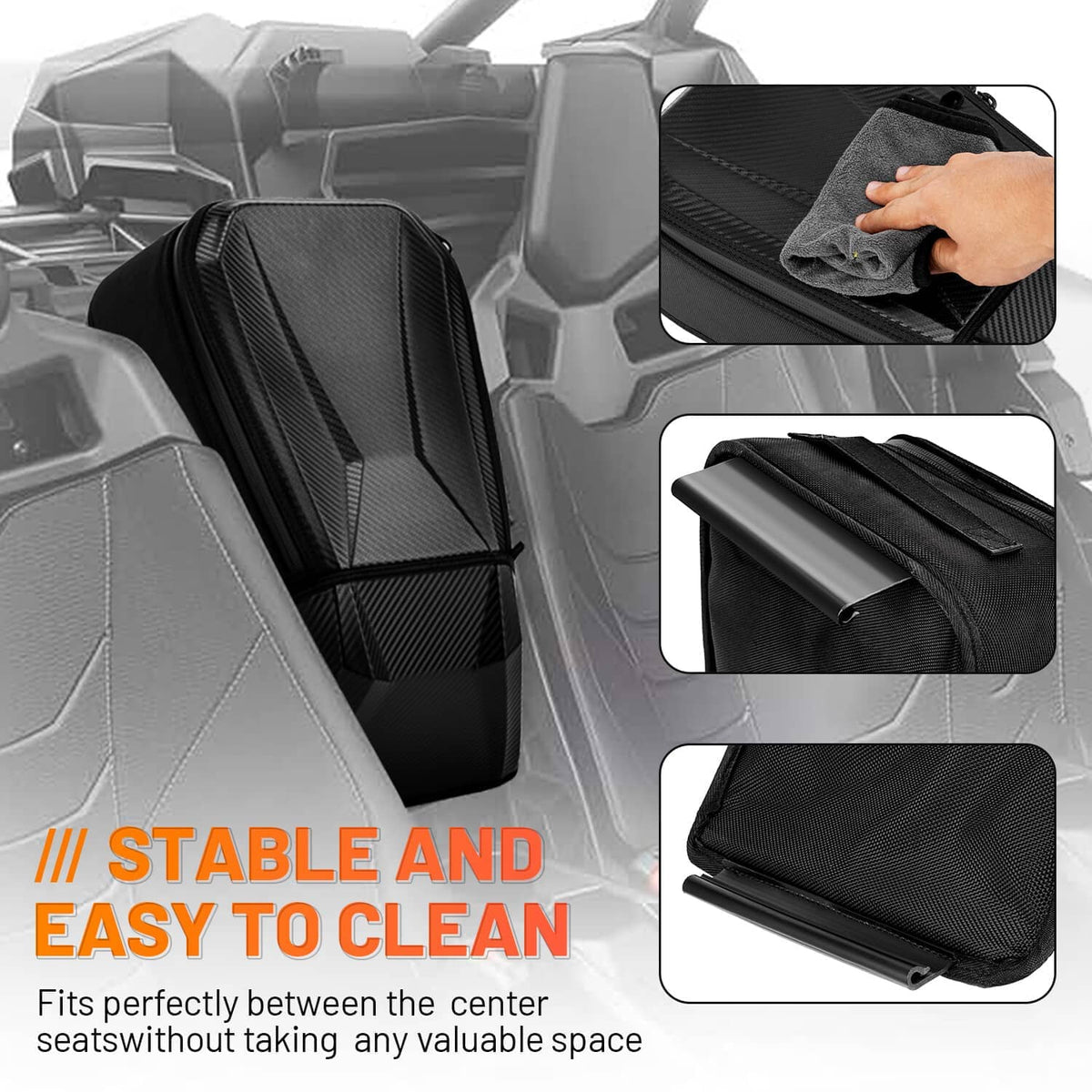 Black center seat storage bag shown installed between UTV seats.