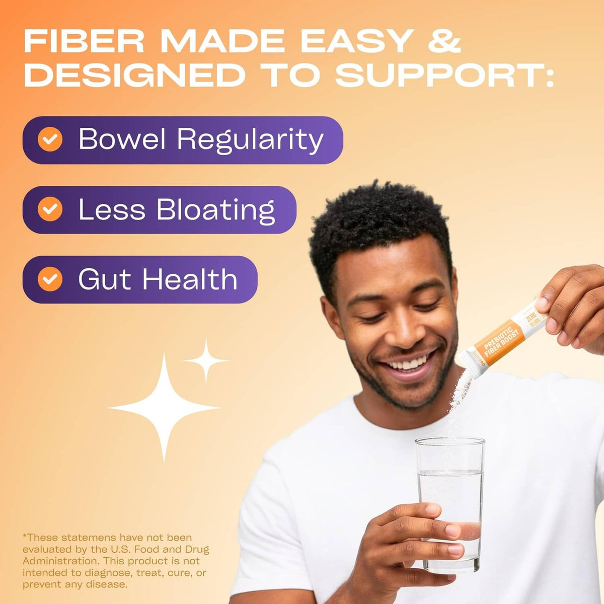 GoBiotix prebiotic fiber boost stick packet held near a glass of water
