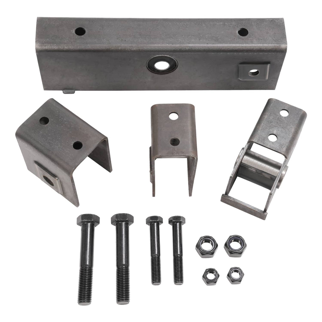 Trailer hanger kit brackets and bolts with nuts, shown as assembled pieces