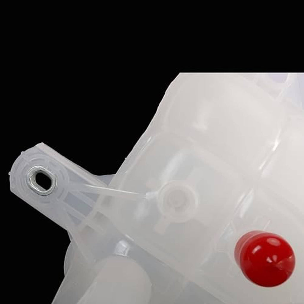 Engine coolant reservoir close-up, white plastic with red cap and round mounting port