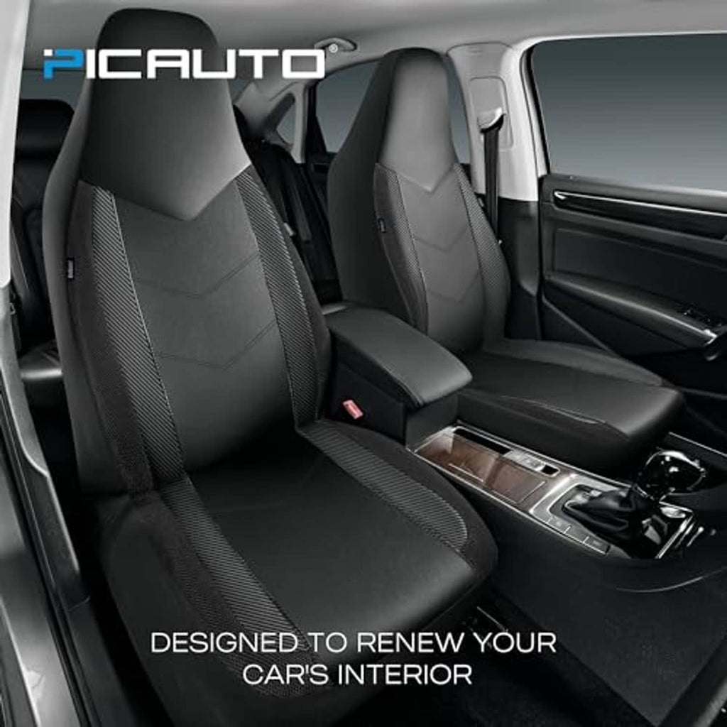 Installed black front seat covers with mesh side stripes on car seats