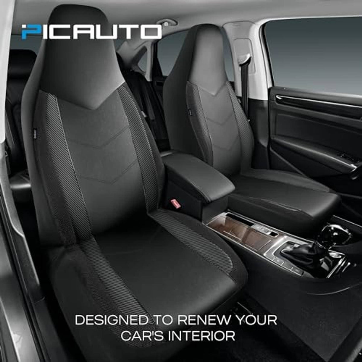 Installed black front seat covers with mesh side stripes on car seats
