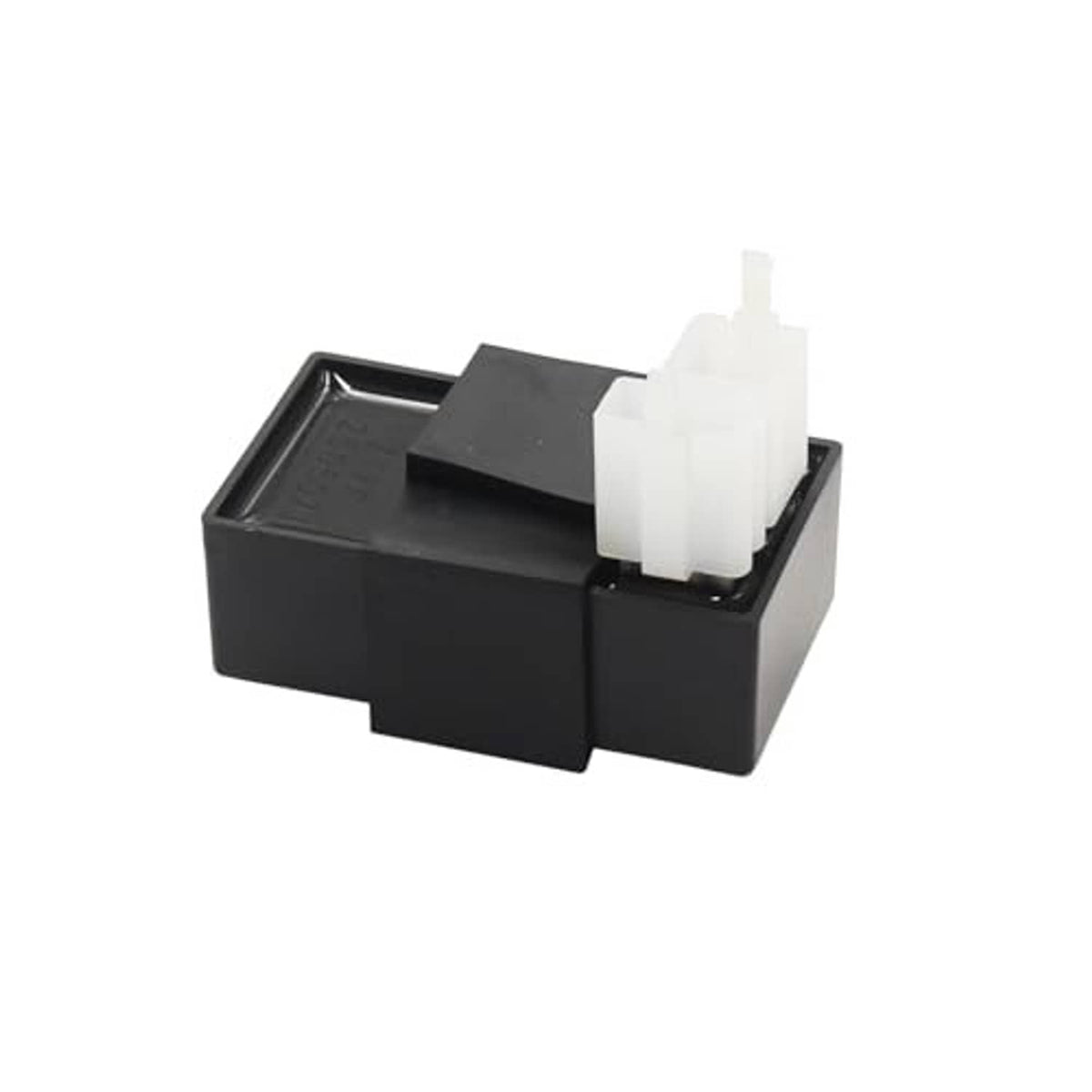 Black AC CDI box with white multi-pin connector, top view angle
