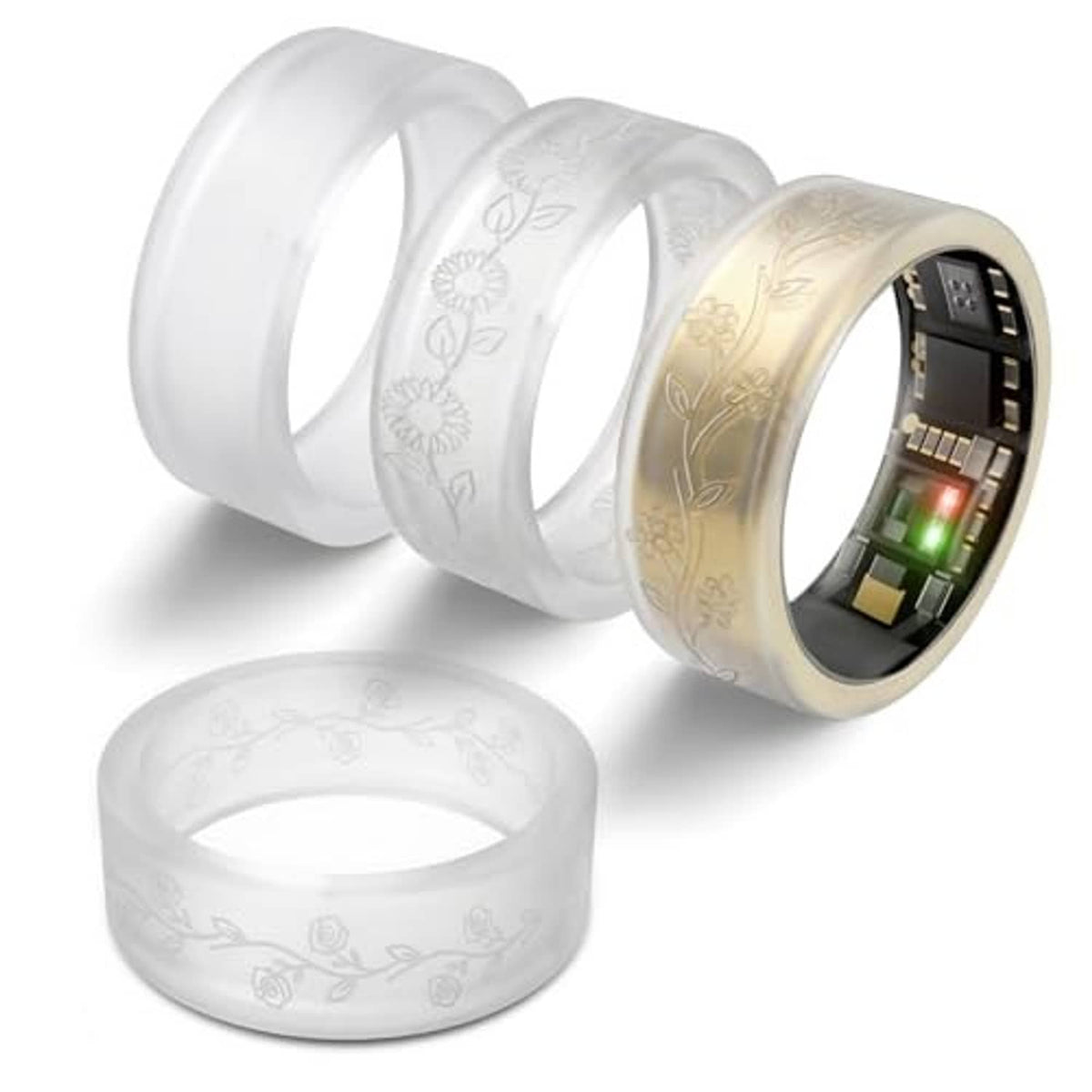 Stacked transparent and rose silicone ring covers with floral engravings and inner window.