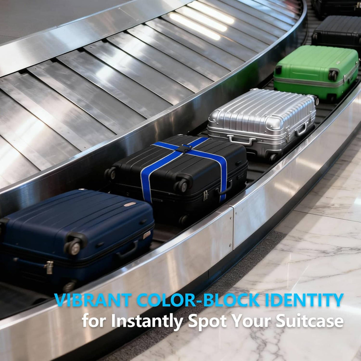 Blue, red, and white luggage strap bands securing suitcases on a conveyor
