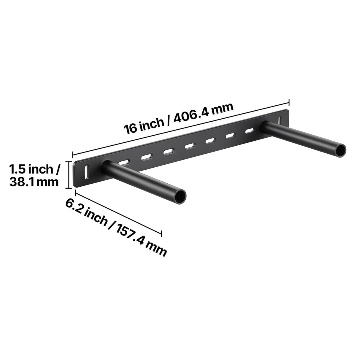 Black 16 in shelf bracket with two tubes and perforated mounting strip