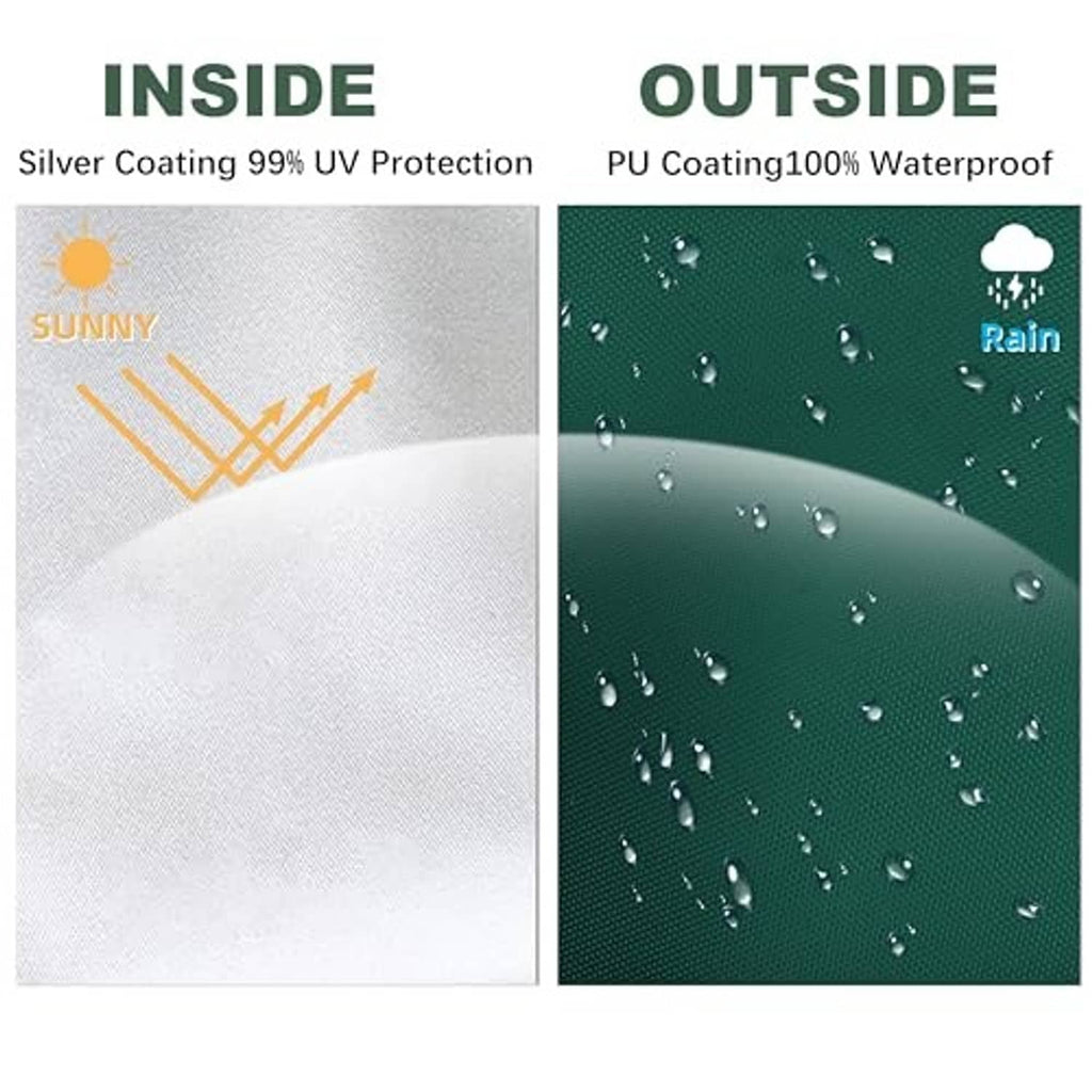 Green canopy fabric showing water droplets and a white silver-coated underside