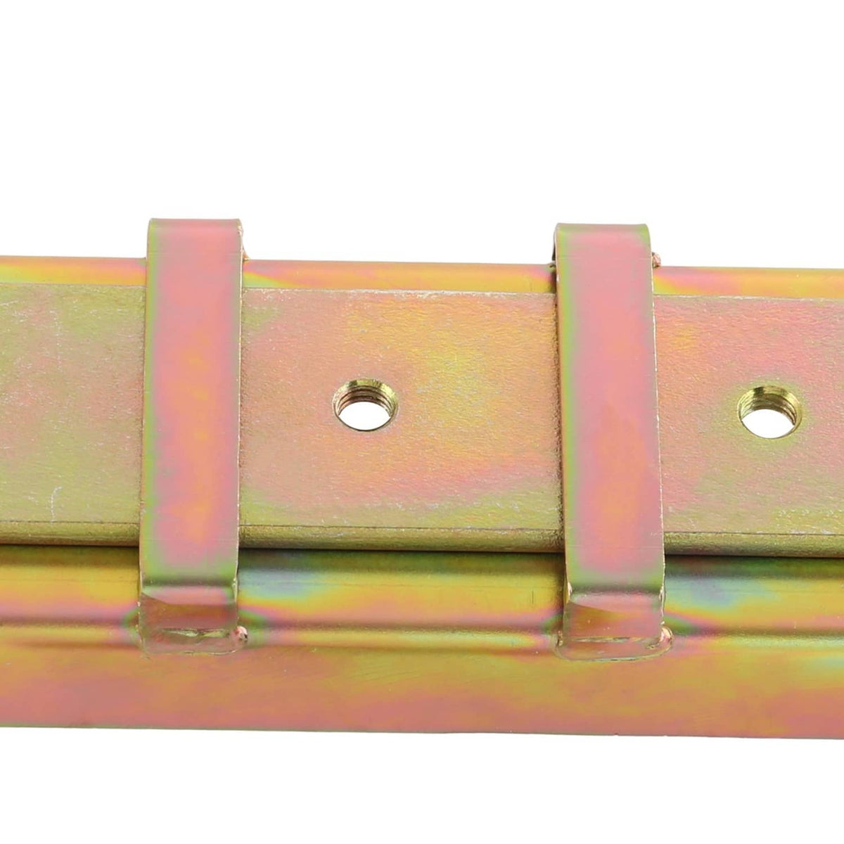 Weld-on hinge strap with two raised brackets and circular mounting holes, rainbow zinc