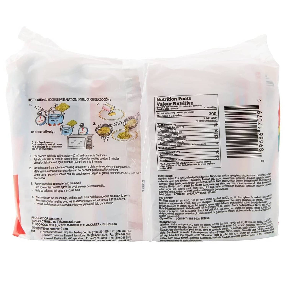 Indomie instant noodles back of package with instructions and nutrition facts panel