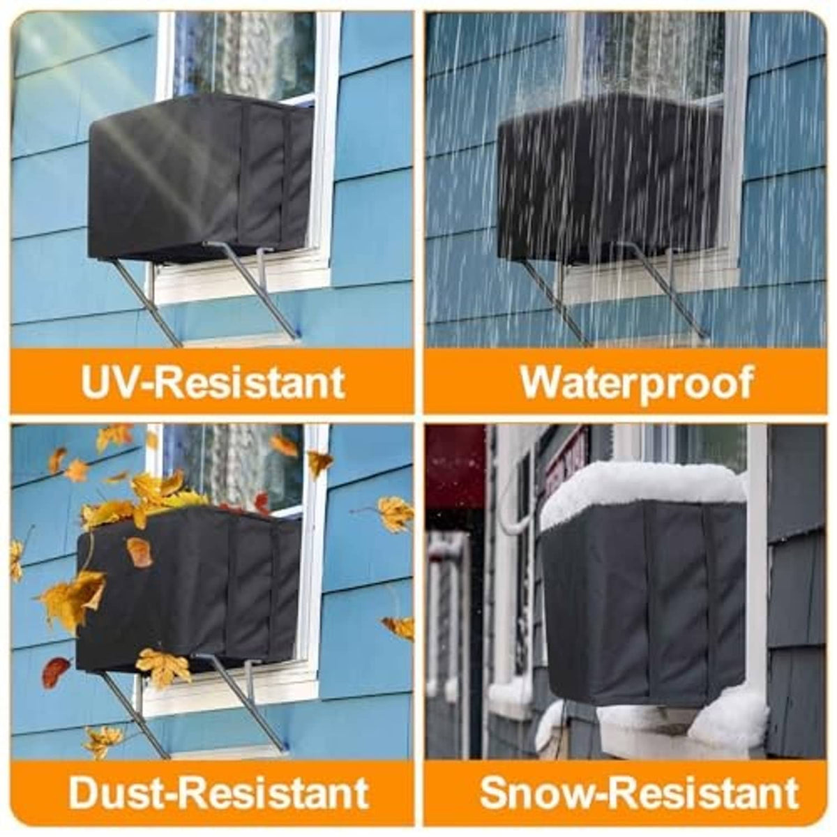 Outdoor air conditioner cover shown in weather conditions: rain, dust, UV, and snow.