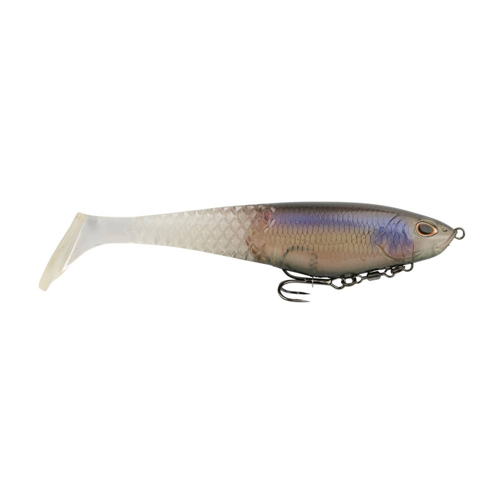 Soft plastic swimbait lure with honeycomb texture, paddle tail, and treble hooks