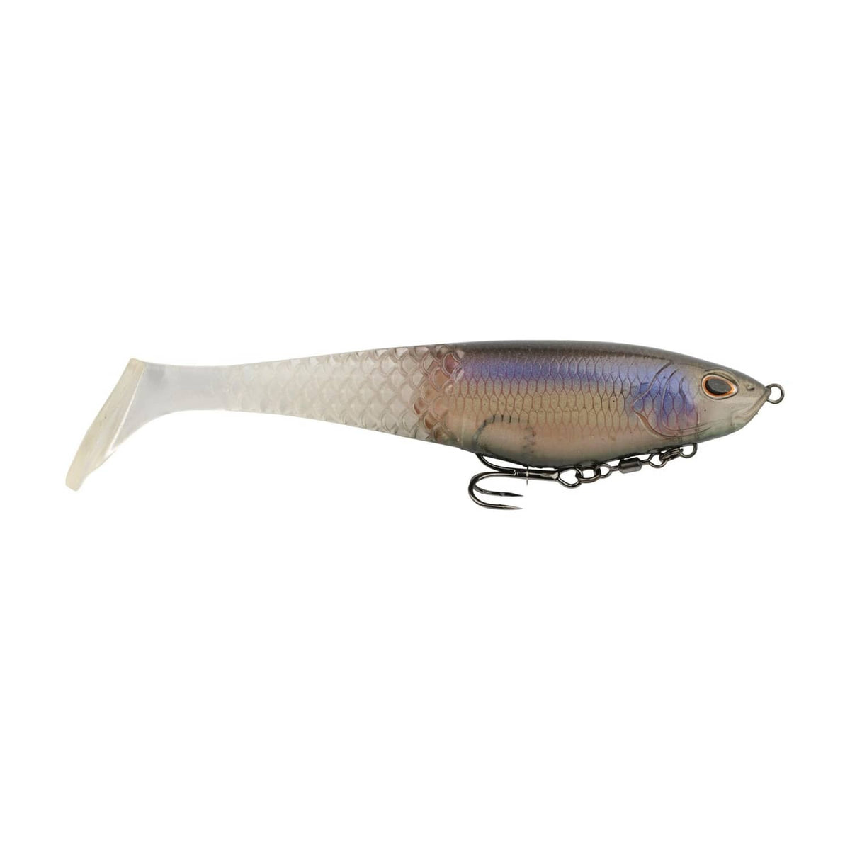 Soft plastic swimbait lure with honeycomb texture, paddle tail, and treble hooks