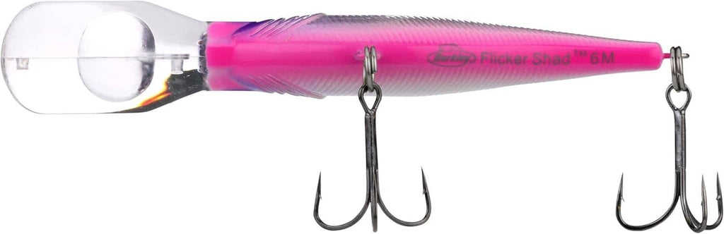 Pink and purple crankbait fishing lure with clear lip and treble hooks on black hangers