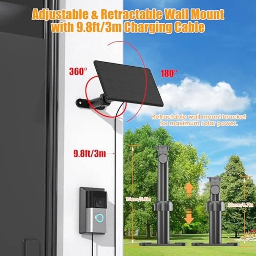 Adjustable retractable wall mount bracket with black solar panel and charging cable