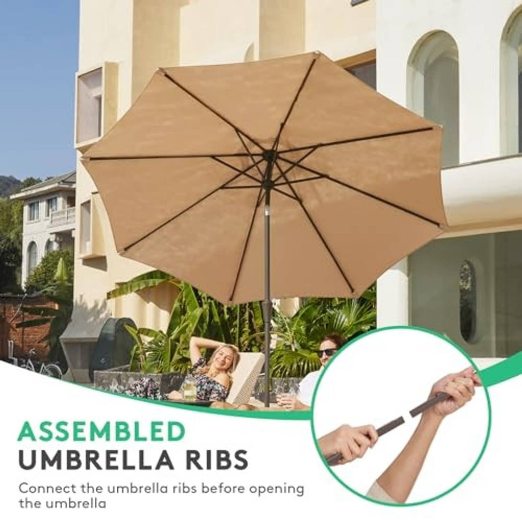 Beige patio umbrella open canopy with assembly shown for umbrella ribs