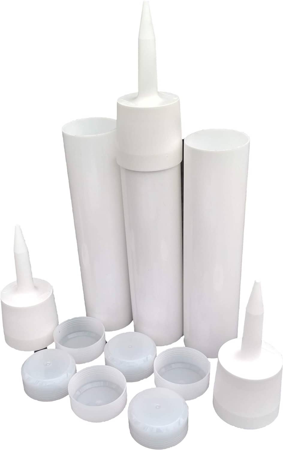 Assorted white refillable caulk cartridges, nozzle tips, and twist-off caps