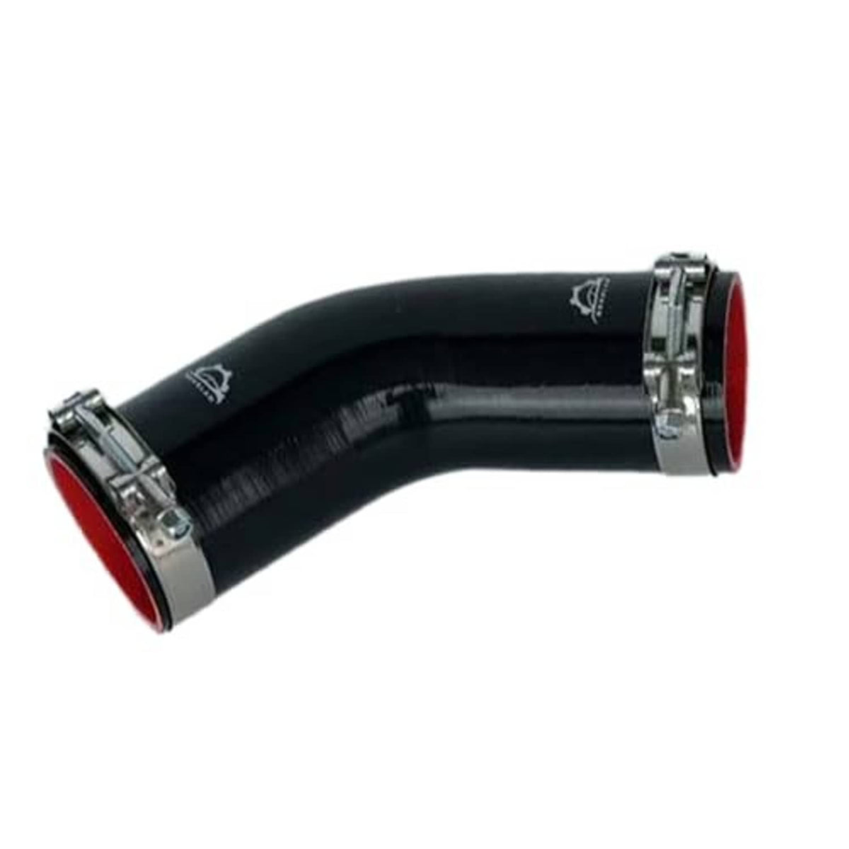 Black 45° elbow hose coupler, clamp bands at both ends with red inner rings