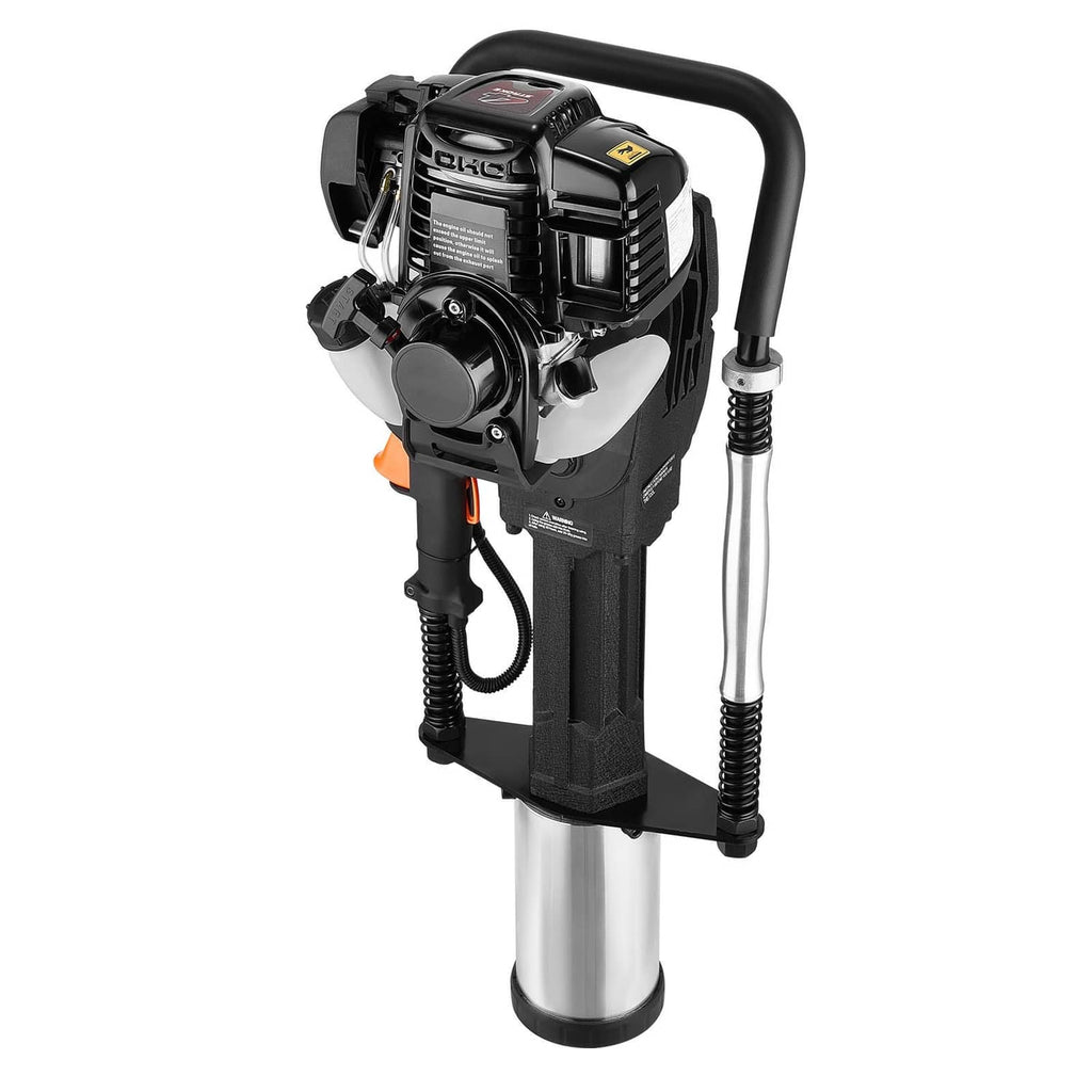 Gas T post driver with side engine view, orange pull handle, and silver base
