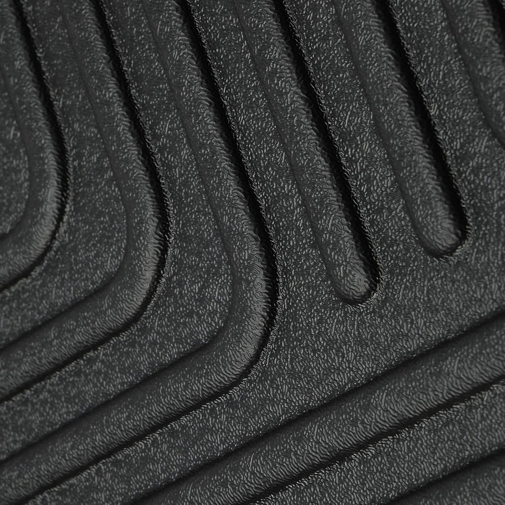 Close-up of black TPE floor mat with raised ribbed traction patterns