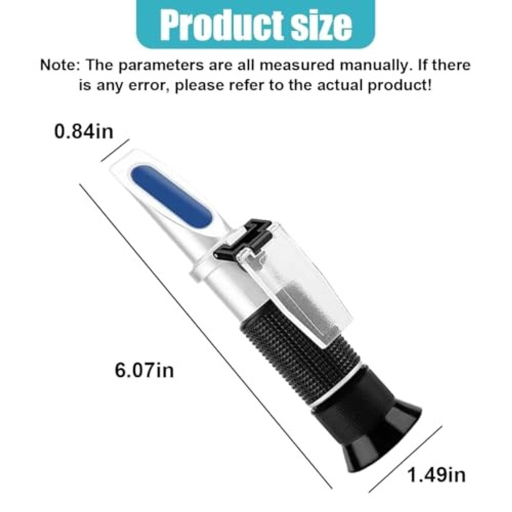Angled handheld refractometer with blue eyepiece window and black textured grip