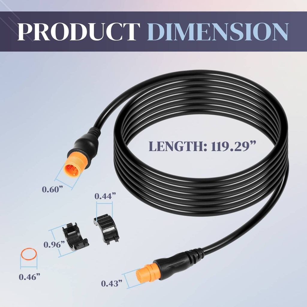 Black transducer extension cable with orange 12-pin connectors and length markers