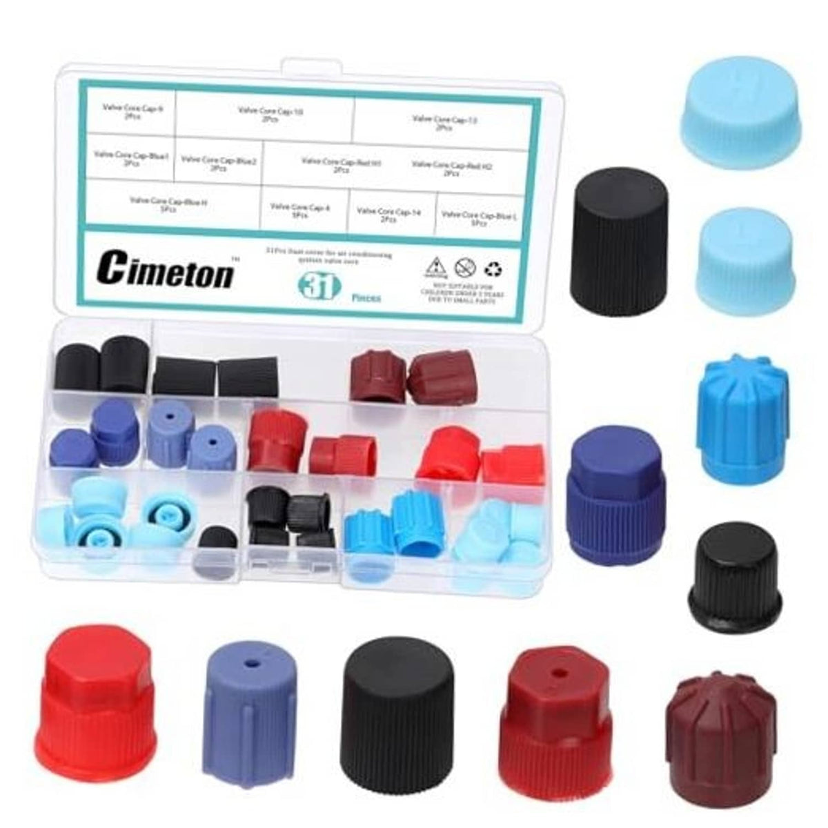 A/C valve core dust caps kit with assorted blue, red, and black caps