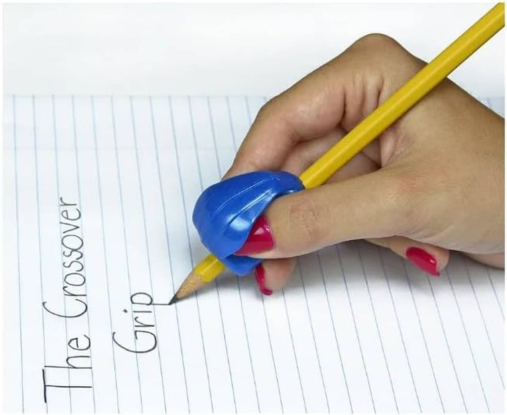 Pencil grip in use: hand writing with yellow pencil fitted with dark blue ergonomic grip