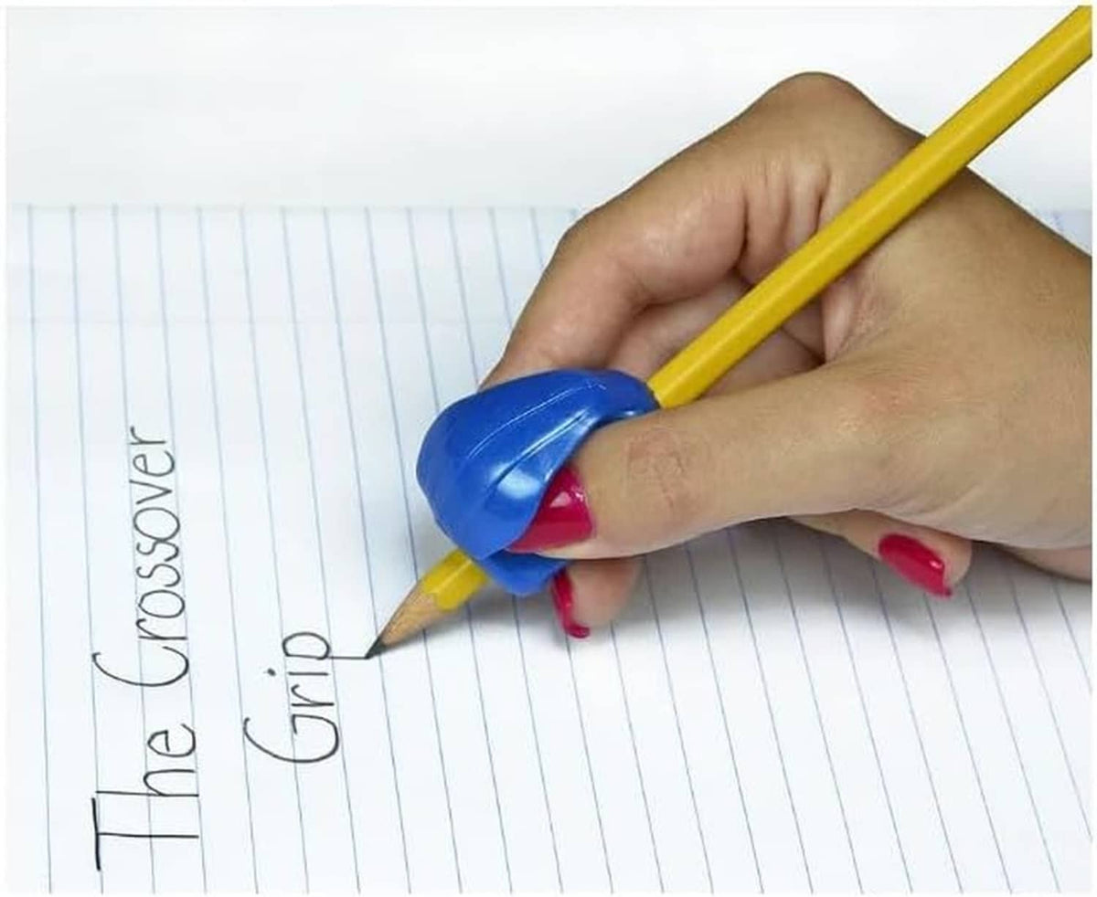 Pencil grip in use: hand writing with yellow pencil fitted with dark blue ergonomic grip